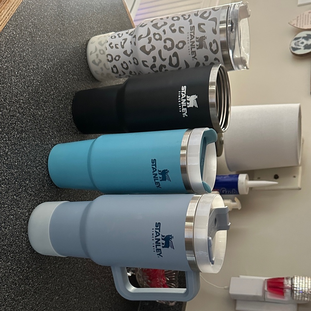 5 Stanley Travel Tumblers Set in Light Blue, Aqua, Black, Gray 40oz, leopard